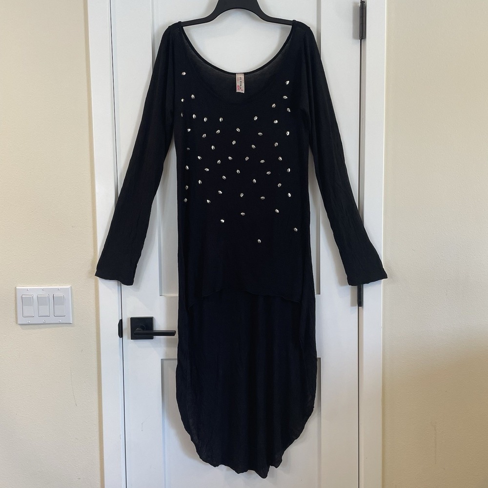 Hi Low Dress Black Embellished‎ Silver Skulls LS Sheer L Vamp Vampcore Goth Dark